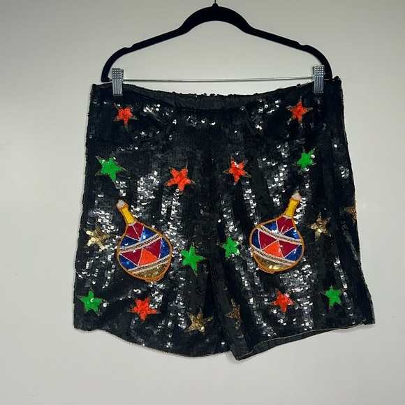 Pinky Creations Black Multi Color Sz XL 18” Pull On Shorts w/Pockets Silk Lined - Picture 1 of 9